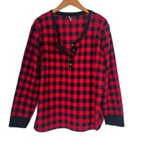 Jaclyn Intimates Red Black Buffalo Plaid Fleece Button Vneck Sleep Top Size 2X‎
